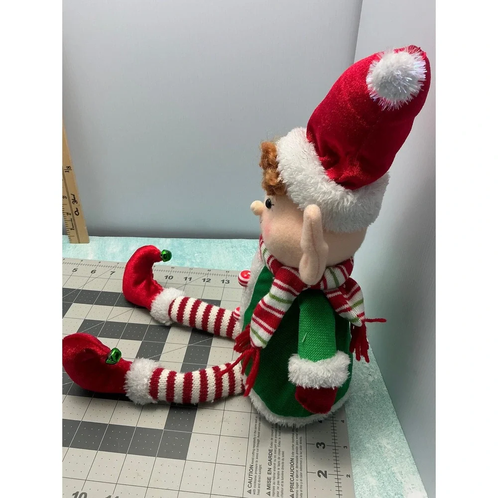 Adorable Christmas Elf Plush Toy Green Coat Red Hat Striped Scarf Festive‎ Decor